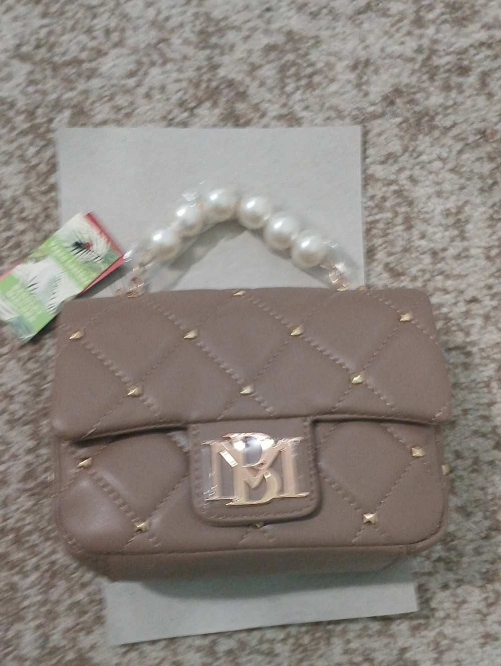 Badgley Mischka Taupe Quilted Crossbody Bag with Pearl Handle - Picture 1 of 9